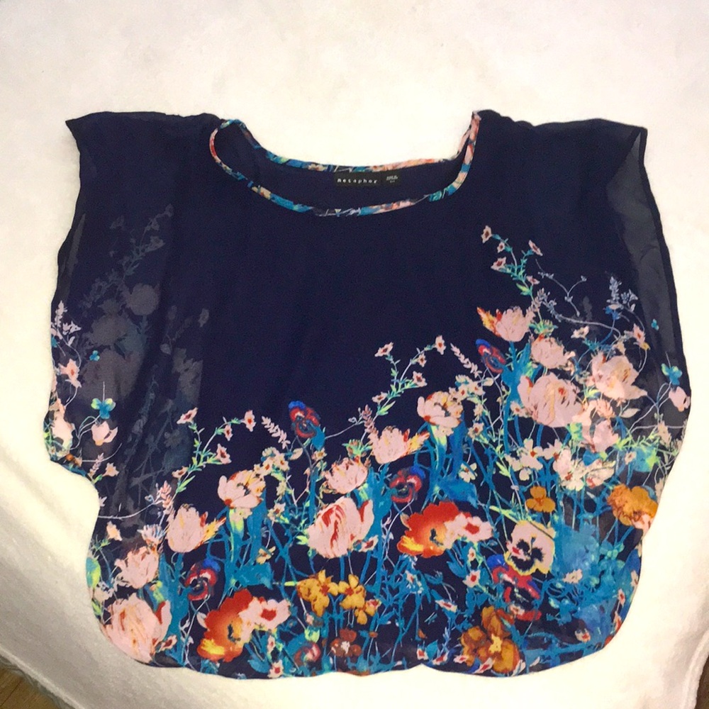 Beautiful pullover blouse. Sheer bat wing overlay. Has inside liner with stretch